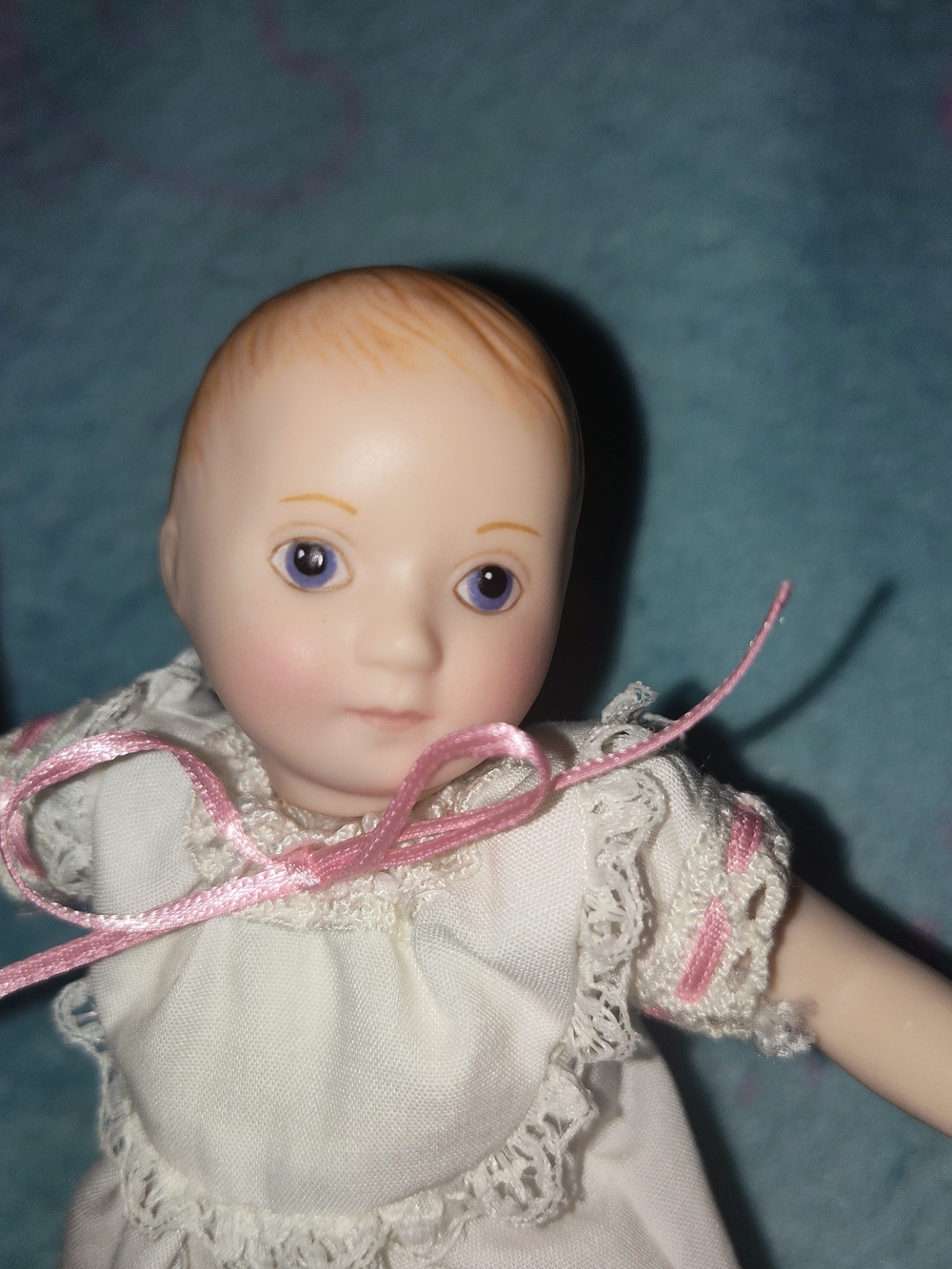 Franklin Mint A Mothers Love Porcelain Baby Doll in White Dress an Pink Ribbon